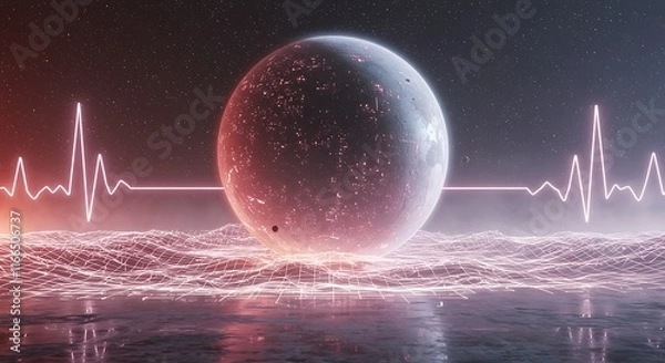 Obraz Futuristic Planet Neon Grid Heartbeat Sci Fi Landscape