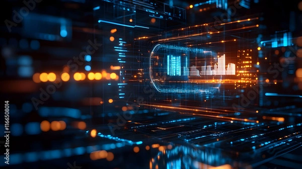 Fototapeta Futuristic digital interface with glowing data visualizations.