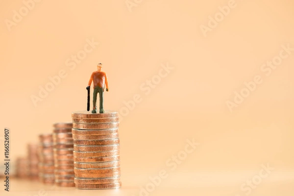 Obraz Retired elderly model holding a cane standing on gold coins with growing value on the brown background in the office, Saving money for retirement and planning in the future concept.