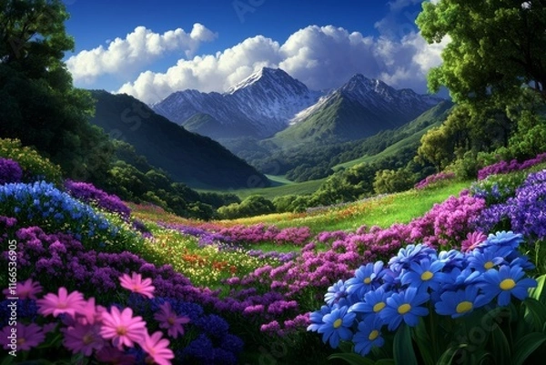 Obraz A vibrant landscape featuring a colorful flower field with mountains and a cloudy sky in the background