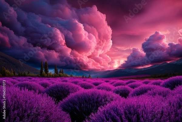 Obraz Lavender field under a dramatic pink and purple sky with billowing clouds at sunset landscape scene view