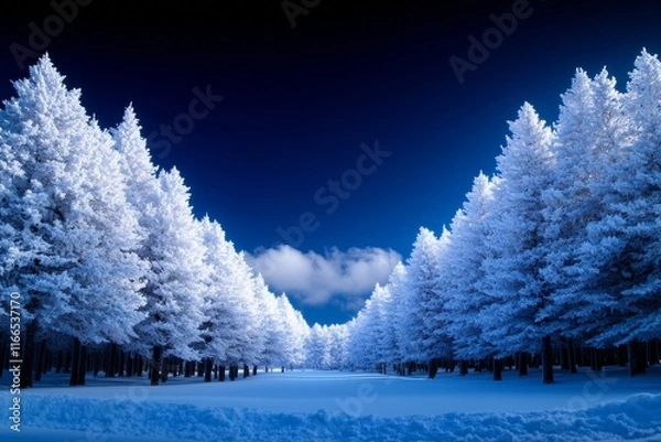 Obraz A winter wonderland scene with snow covered trees under a dark blue sky creating a serene atmosphere