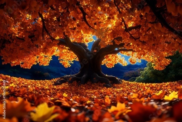 Obraz A majestic tree with vibrant orange leaves creating a picturesque autumn scene in a serene environment