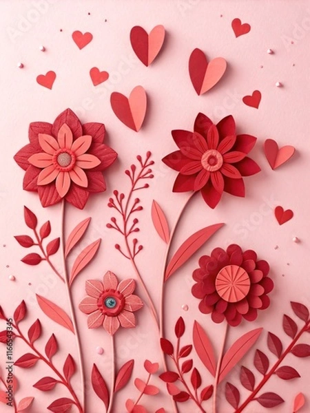 Fototapeta Paper cut-style red flowers and heart shapes on a soft pink background. Flat lay composition with copy space, perfect for Valentine's Day, love, wedding, or romantic greeting cards