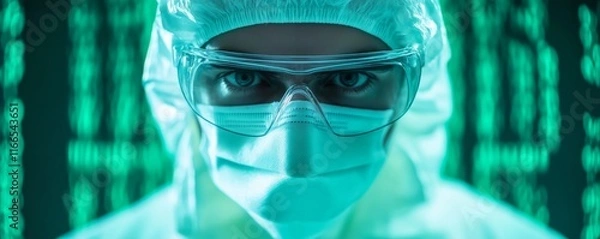 Fototapeta A scientist in protective gear examines data on a digital screen, showcasing the blend of technology and research in modern science.