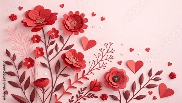 Fototapeta Paper cut-style red flowers and heart shapes on a soft pink background. Flat lay composition with copy space, perfect for Valentine's Day, love, wedding, or romantic greeting cards