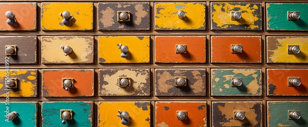 Fototapeta Distressed painted drawers feature unique snail shaped knobs.