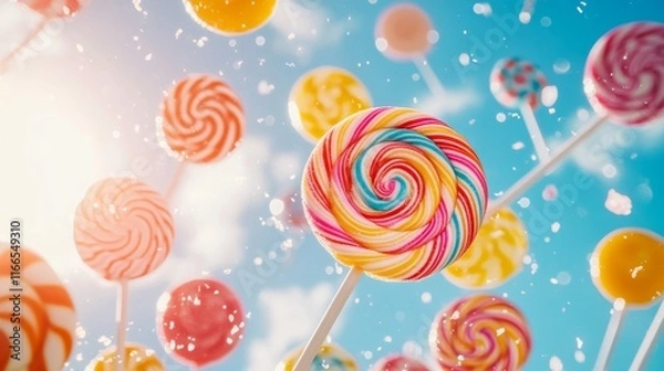 Fototapeta Joyful Rain of Colorful Lollipops: Lively Candy Cascade under Sunny Sky
