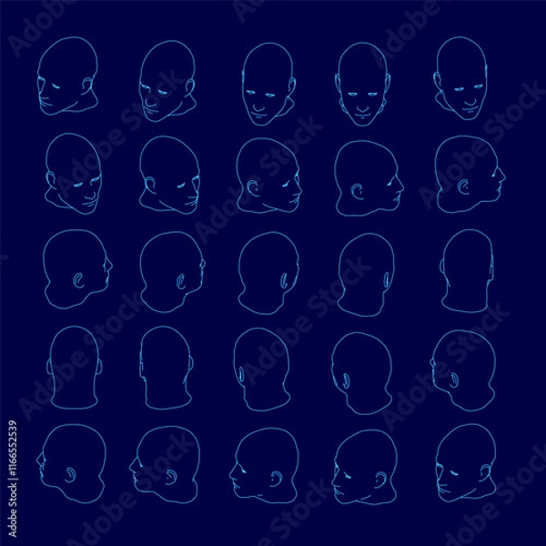 Fototapeta Series of blue images of faces. The faces are all different angles