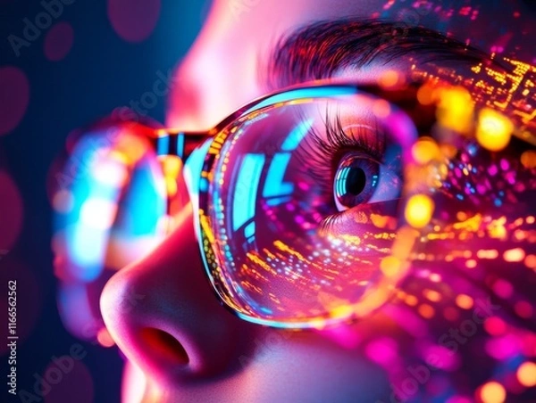Obraz Vibrant close-up of a person wearing glasses, reflecting colorful digital data and technology concepts.