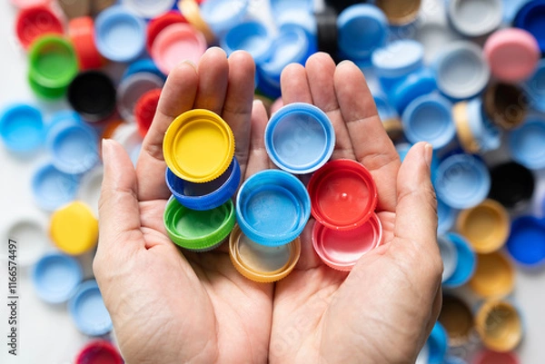 Fototapeta Woman hand holding plastic bottles caps for recycling to conserve the environment, Recycling, reuse, garbage disposal, save the world concept.