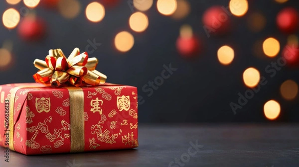 Fototapeta close up of festive gift box decorated with traditional symbols, perfect for Chinese New Year celebrations. vibrant red and gold colors evoke joy and prosperity