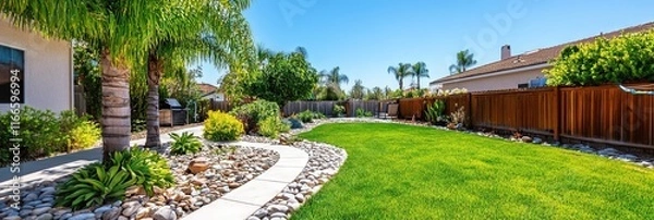 Obraz backyard with landscaping - green lawn and shrubs