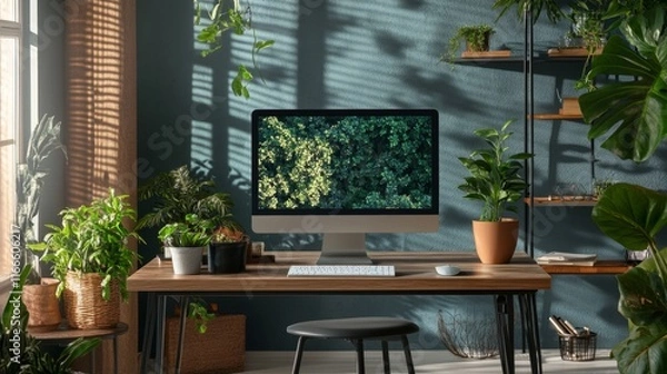 Fototapeta Mockup of computer monitor on desk in contemporary minimalist home office with plants
