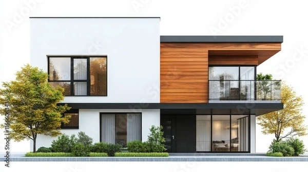 Fototapeta Modern house with minimalist facade. Contemporary design combines wood, glass, and sleek lines. Residential building cutout, geometric structure, ideal for real estate usage.