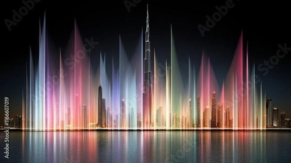 Fototapeta Colorful Night Lights and Water Fountain Display in Front of Modern Skyscrapers with Reflection on Calm Water Surface at Dubai Marina