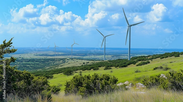 Obraz Scenic Wind Turbines in Lush Green Field Highlighting Renewable Energy and Sustainability






