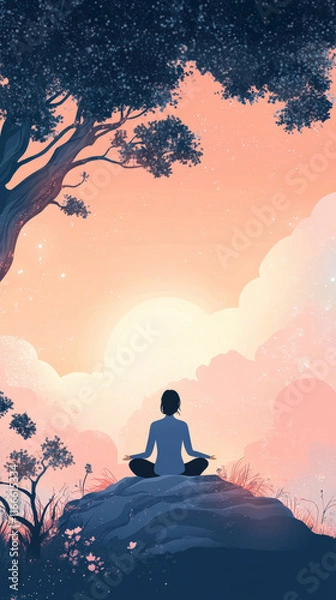 Fototapeta A minimal flat-style illustration of a person meditating outdoors, sitting under a tree with a serene expression, surrounded by soft, gradient colors and abstract nature elements, digital vector art