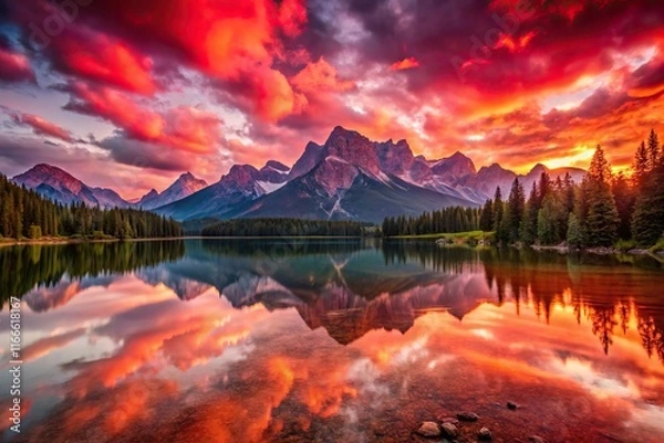 Fototapeta Stunning Ruby Landscape: Classic Nature Photography, Vibrant Red Scenery, Breathtaking Views, Majestic Mountains, Serene Lake, Dramatic Sky