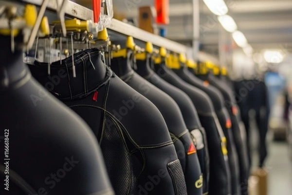 Fototapeta Neoprene Wetsuits on Display in Industrial Setting Highlighting Dive Gear Manufacturing and Sportswear Innovation