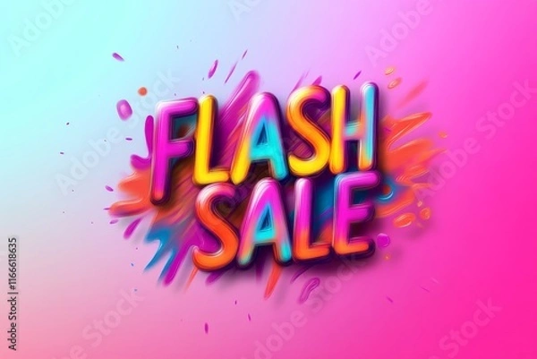 Fototapeta Vibrant Flash Sale Background with Colorful 3D Typography and Splash Elements on Gradient Pink and Blue Background
