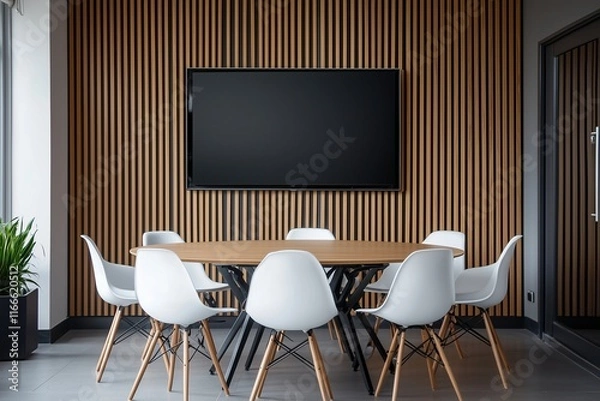 Fototapeta Mockup of a conference room with wood accents and round table.