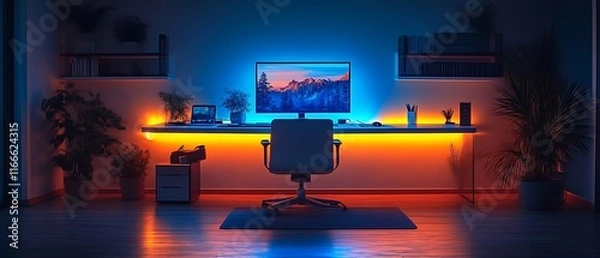 Fototapeta Illuminated gamer workspace with LED lights.