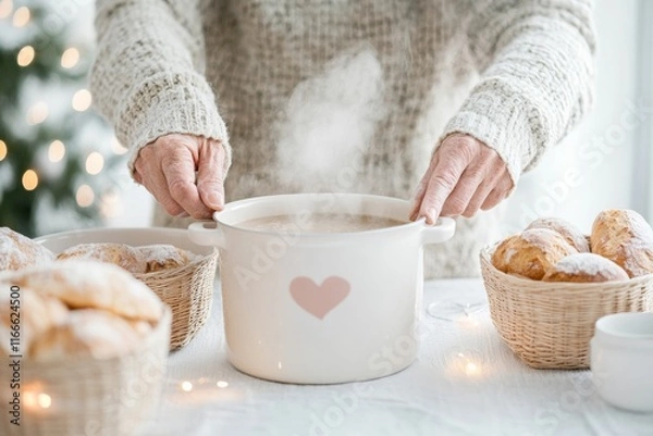 Obraz Community Volunteers Serving Warm Soup in Festive Winter Setting