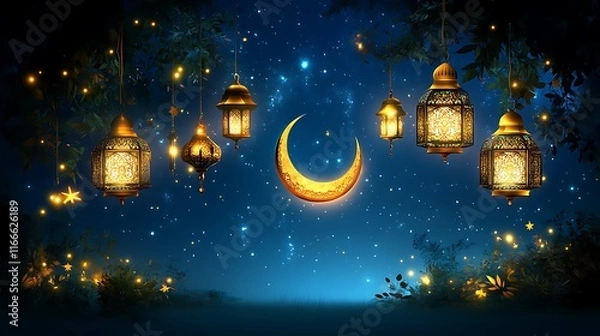 Obraz Illuminated Lanterns Hanging Underneath A Night Sky