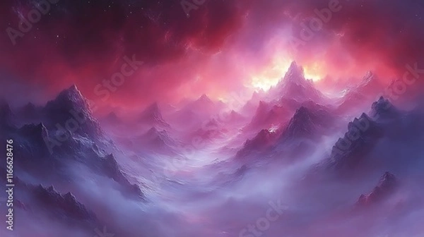 Obraz A Mystical Mountain Range Under a Pink Sky