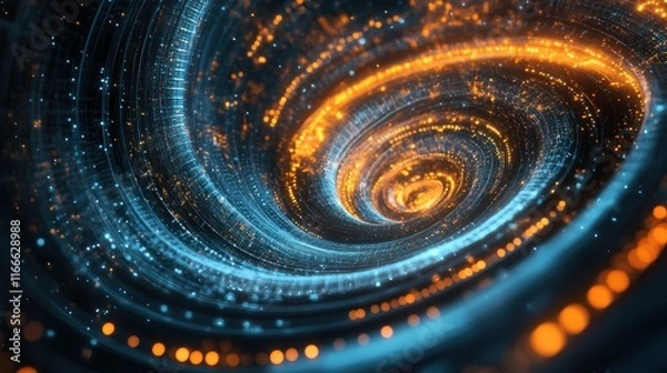Fototapeta Abstract swirling vortex of glowing particles, with a mix of orange and blue light, creating a dynamic and futuristic design.