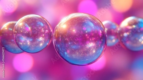 Obraz Iridescent spheres float against a pink bokeh background