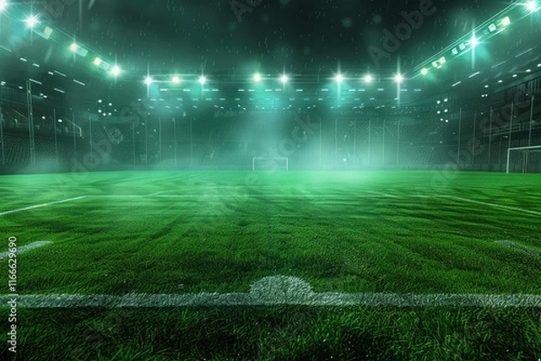 Fototapeta High Detail Picture of Soccer Field Under the Glow of Spotlights with Background of Winners