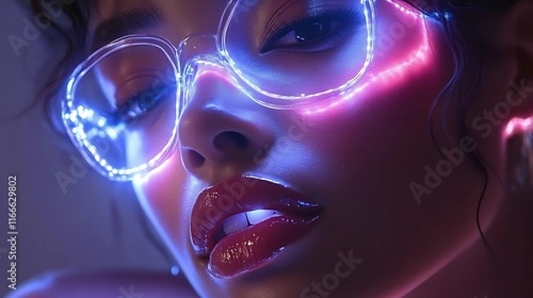 Obraz Neon Lit Glasses Adorn A Womans Face