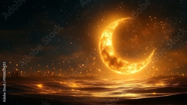 Obraz Golden Crescent Moon Over Illuminated Desert Cityscape