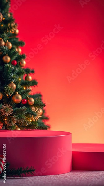 Fototapeta decorated evergreen tree with pink platforms red background
