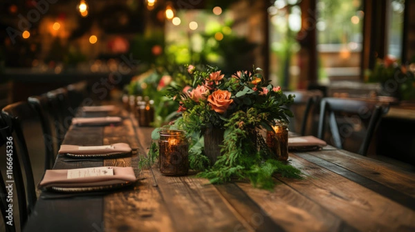 Fototapeta A table with a vase of flowers and candles on it