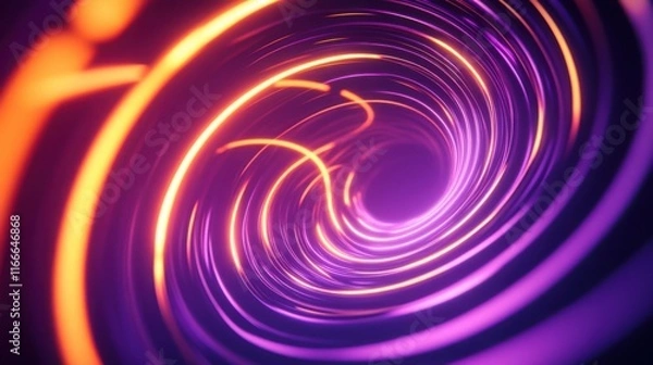 Fototapeta Neon purple and orange circles creating a ripple effect in 3D space, with glowing neon trails.