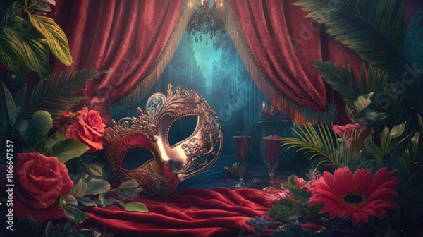 Fototapeta A red curtain with a mask on it and a bunch of flowers