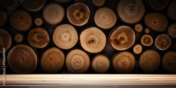 Fototapeta Array of Wooden Logs Highlighting Their Organic Circular Texture