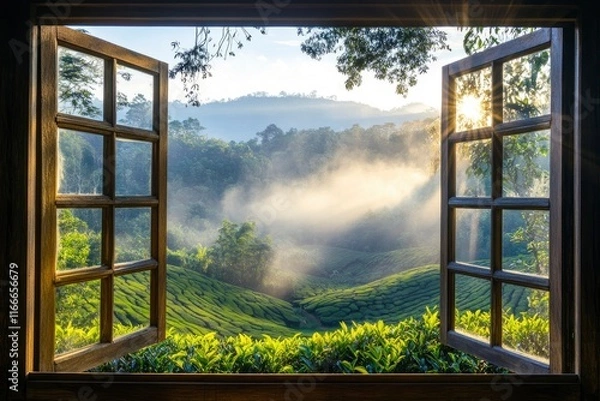Fototapeta Open window overlooking a beautiful valley with morning mist and sun rays, a tea plantation in the background. 