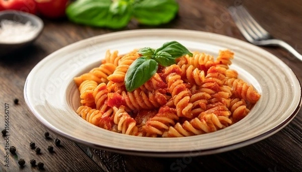 Obraz A plate with delicious pasta with tomato sauce and fresh basil leaf on wooden table. Generated image