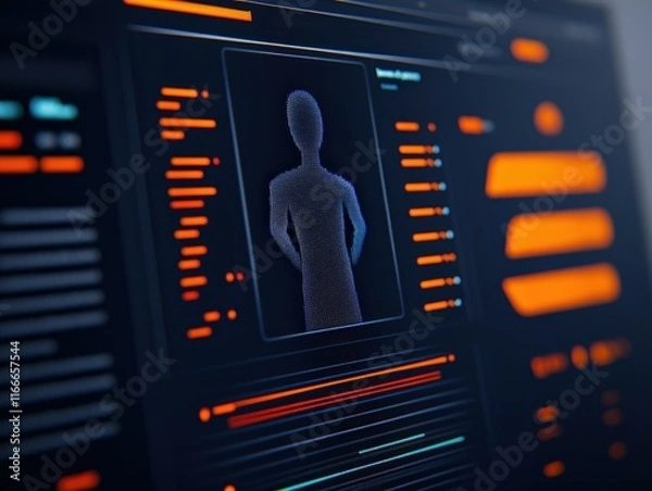 Fototapeta Gamification Digital interface displaying a 3D human model with data analytics in neon colors.