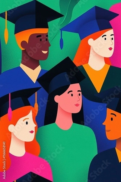 Fototapeta Gamification Diverse graduates celebrating achievement in colorful caps and gowns.