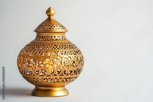Fototapeta Decorative golden jar with intricate patterns displayed against a plain background