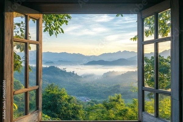 Obraz Open window with view of beautiful landscape, misty morning light on the mountains in Thailand.