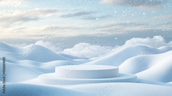 Obraz White cylindrical podium on snowy mountain landscape with soft light.