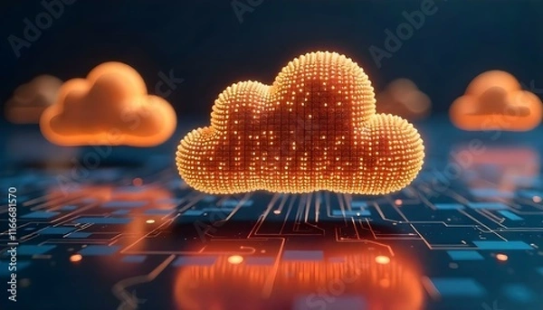 Fototapeta Glowing orange digital clouds hovering over futuristic circuit board, symbolizing cloud computing technology