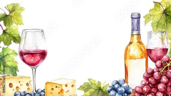 Fototapeta Watercolor illustration set with Two glasses with red wine,different type of cheese,cheese Board,wooden cut board, bread,olives on an isolated white background.