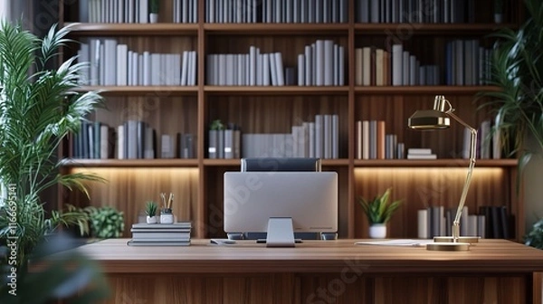 Obraz Modern Professional Office Background with Plants and Bookshelves